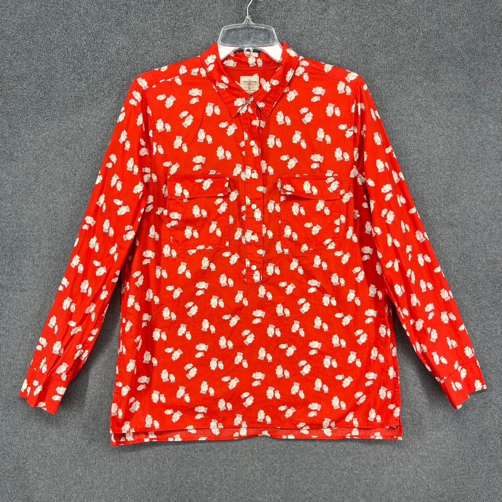 Gap Button Down Shirt Womens Large Red Owl Print Fitted Boyfriend Cotton Blouse